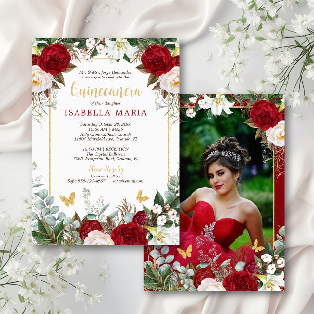 Convite Floral Vermelho Moderno Elegante com Photo Quincea (This quince invite features red and white watercolor roses and a photo on the back.)