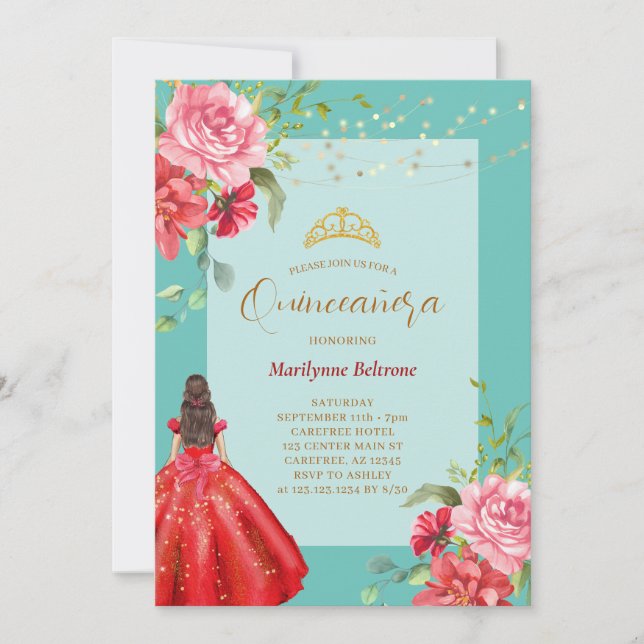 Convite Floral Vermelho Princesa Quinceañera (Frente)