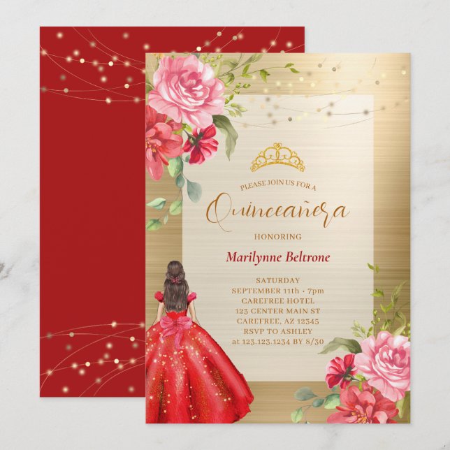 Convite Floral Vermelho Princesa Quinceañera (Frente/Verso)