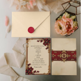 Convite Floral Vermelho Profundo da Borgonha Vitoriana