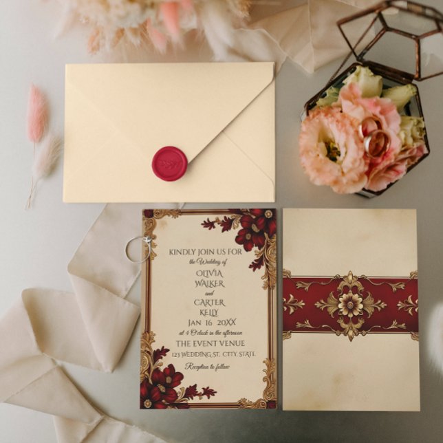 Convite Floral Vermelho Profundo da Borgonha Vitoriana (front/back)