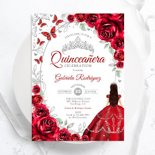 Convite Floral Vermelho Quinceanera Prata