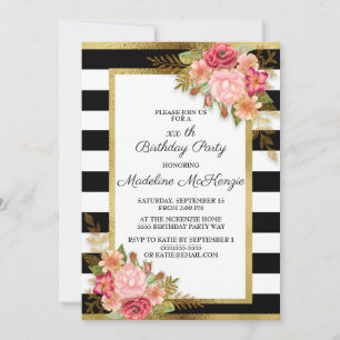 Convite Floral Vermelho Rosa Listras Preto Branco Dourado