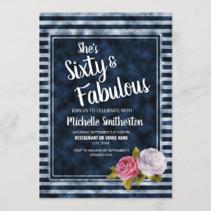 Convite Floral Vintage Azul Faixa Branca Aniversário de 60