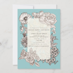 Convite Floral Vintage Azul Turquesa Casamento Moderno