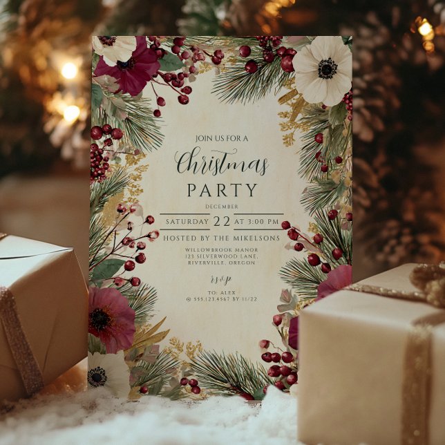 Convite Floral Vintage de Inverno Feliz Natal (Criador carregado)