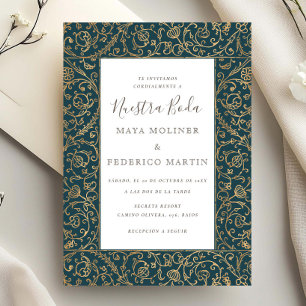 Convite Floral Vintage Dourado Azul Nilo Nuestra Boda Casa