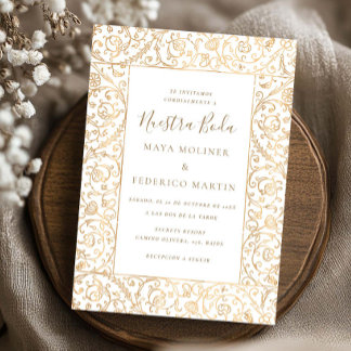 Convite Floral Vintage Dourado & Branco Nuestra Boda Casam