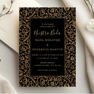 Convite Floral Vintage Dourado & Preto Nossa Noiva Casamen