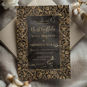 Convite Floral Vintage Dourado & Preto Nuestra Boda Casame