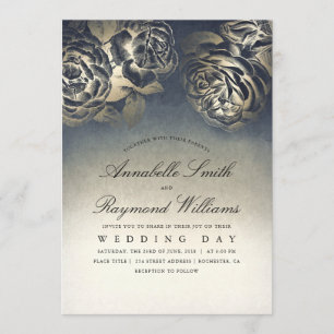 Convite Floral Vintage Eclectic Blue e Dourado Casamento