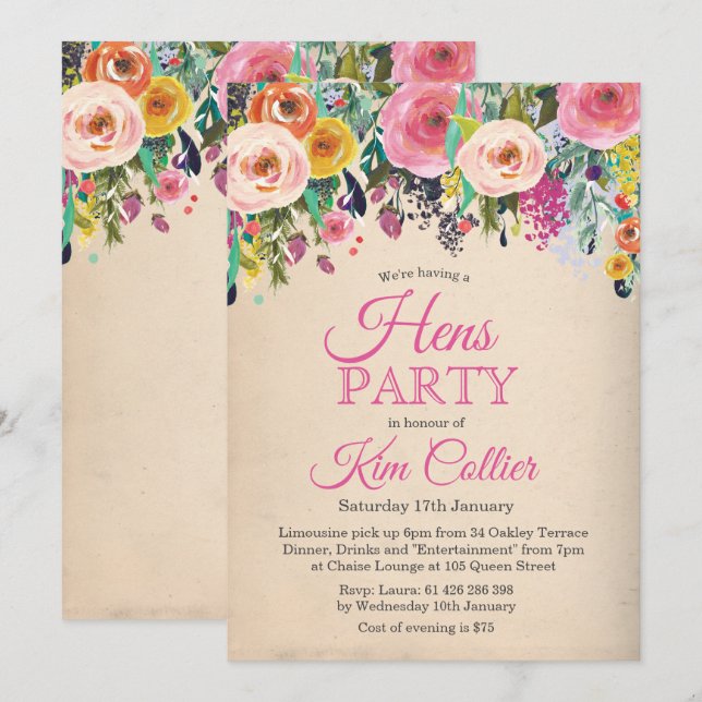 Convite Floral Vintage Festa das Galinhas (Frente/Verso)