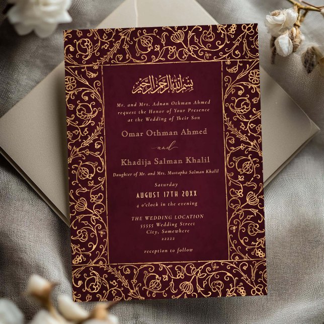 Convite Floral Vintage Gold & Burgundy Islamic Wedding (Criador carregado)