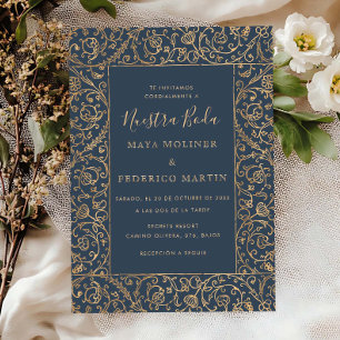 Convite Floral Vintage Ouro & Azul Nossa Noiva Casamento