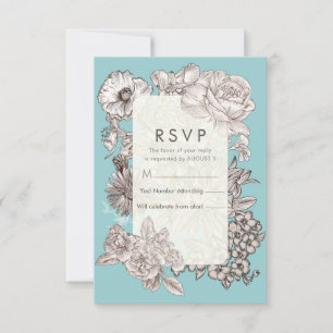 Convite Floral Vintage Turquesa Azul Casamento RSVP Respos