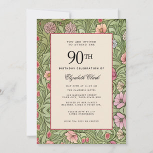 Convite Floral Vitoriano Elegante Vintage 90º Aniversário