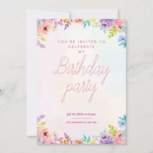 Convite Floral watercolor adults birthday invitation (Frente)