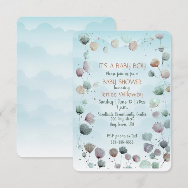 Convite Floral Watercolor Baby Boy Shower Invitation (Frente/Verso)