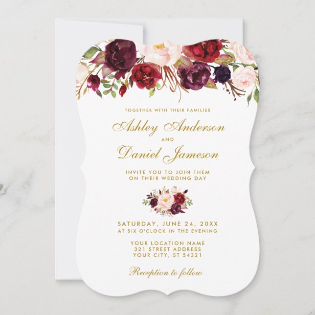 Convite Floral Watercolor Burgundy Invitation Gld (Frente)