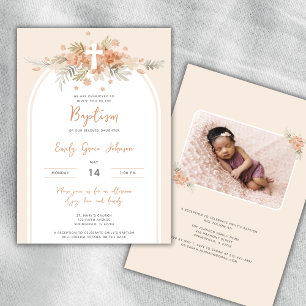 Convite Floral Watercolor Cross Peach Baptism Foto