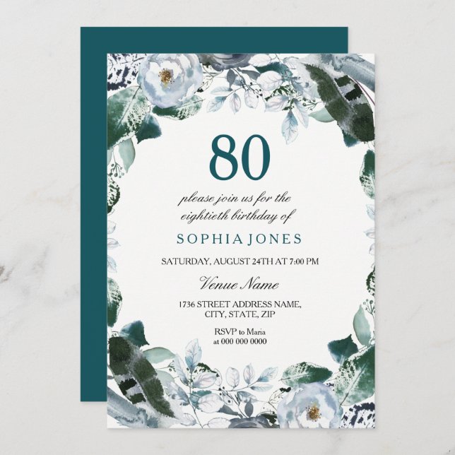 Convite Floral Watercolor Jade Green 80 Birthday Invite (Frente/Verso)