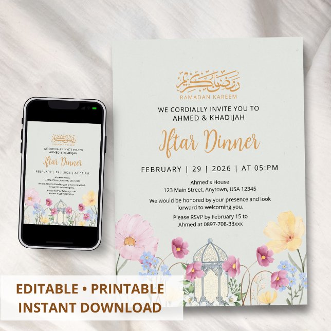Convite Floral Watercolor Lantern Ramadan Iftar Invitation (Criador carregado)