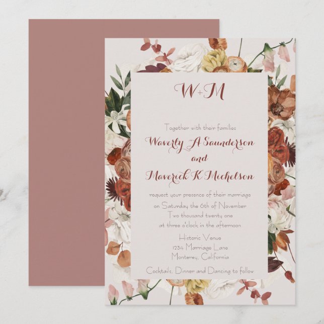 Convite Floral Watercolor Laranja Queimada Rosa Elegante (Frente/Verso)