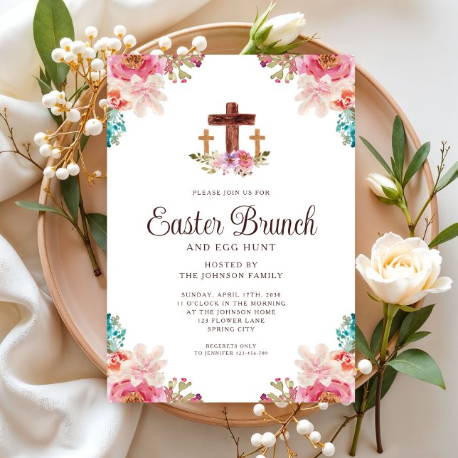 Convite Floral Watercolor Páscoa Religiosa Brunch (Floral Watercolor Religious Cross Easter Brunch Invitation)