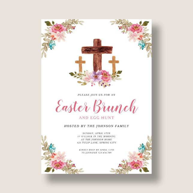 Convite Floral Watercolor, Páscoa Religiosa Brunin (Floral Watercolor Religious Cross Easter Brunch In Invitation)