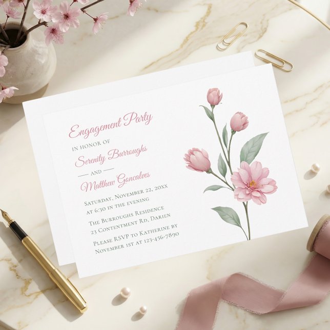 Convite Floral Watercolor Pink Sage Engagement Party (Criador carregado)
