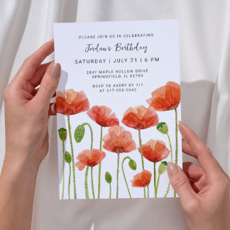 Convite Floral Watercolor Poppies Modern Any Age Birthday 