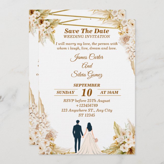 Convite Floral Wedding Invitation – Modern invite card (Frente/Verso)
