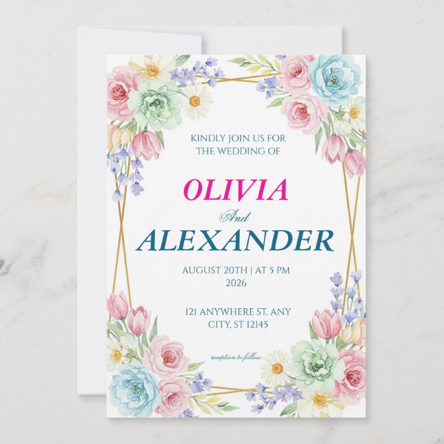 Convite Floral Wedding Invitations Colorful Spring (Frente)