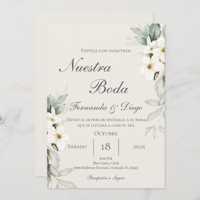Convite Floral Wedding invite in Spanish (Frente/Verso)
