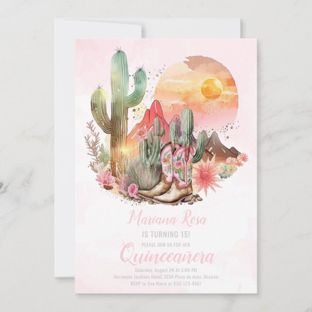 Convite Floral Western Boots Quinceanera Birthday (Frente)