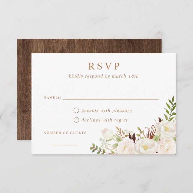 Convite Floral White Greenery Rustic Wood Weding RSVP (Frente/Verso)