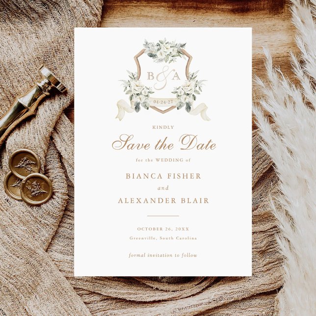 Convite Floral White Greenery Sage Crest Salvar a Data (Criador carregado)