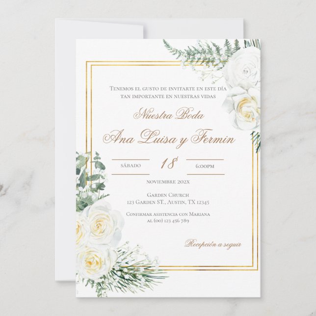 Convite Floral White Spanish Wedding Invitation (Frente)