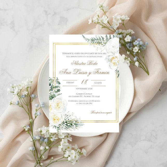 Convite Floral White Spanish Wedding Invitation (Criador carregado)