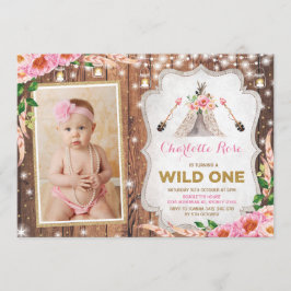 Convite Floral Wild One primeiro aniversario Rustic Teepee