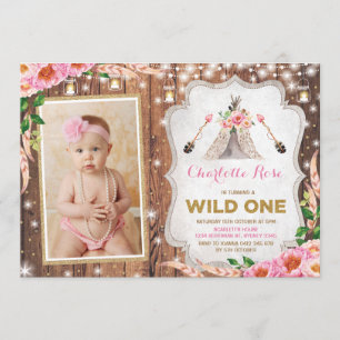 Convite Floral Wild One primeiro aniversario Rustic Teepee