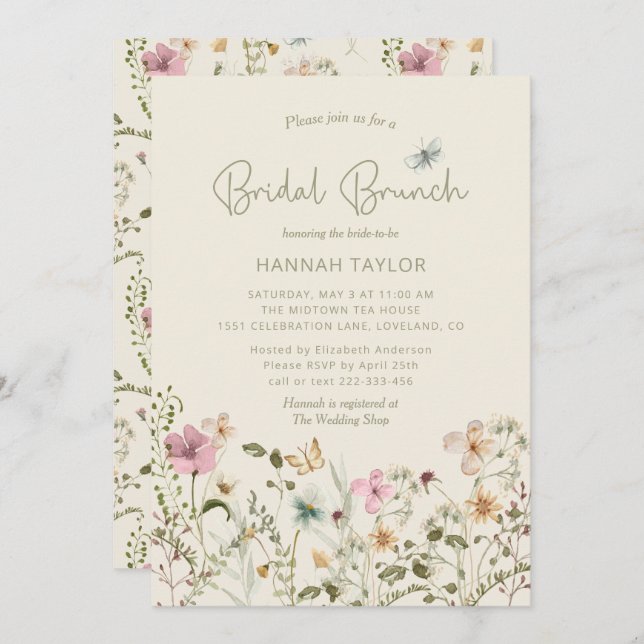 Convite Floral Wildflower Boho Bridal Brunch (Frente/Verso)