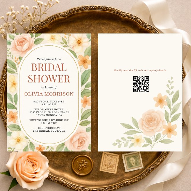 Convite Floral Wildflower Botanical QR Code Bridal Shower (Criador carregado)