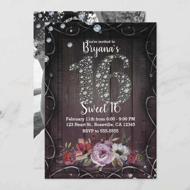 Convite Floral Wood Diamond Bling 16 Foto de Festa de aniv (Frente/Verso)