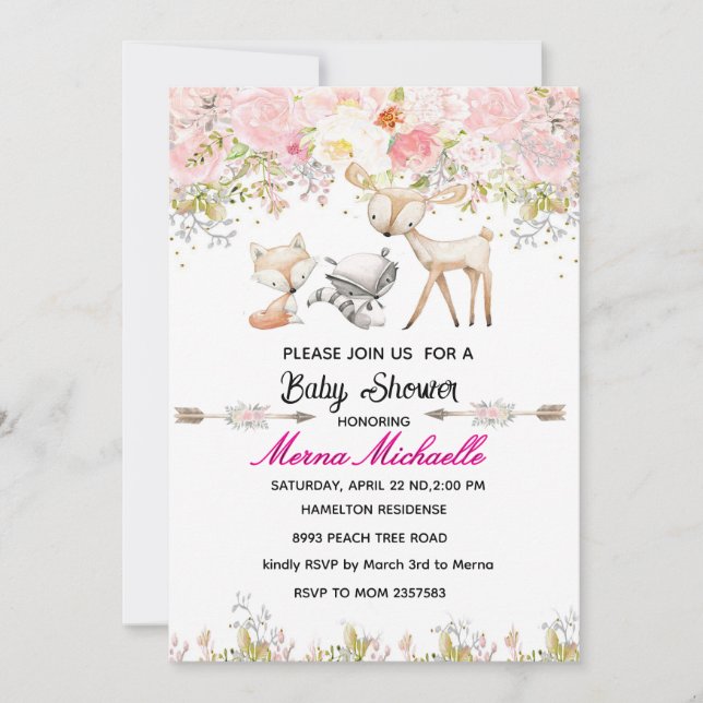 Convite floral woodland animal baby shower invitation (Frente)