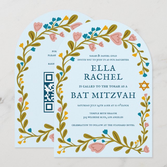 Convite Floral Wreath Bat Mitzvah Código QR personalizado  (Frente/Verso)