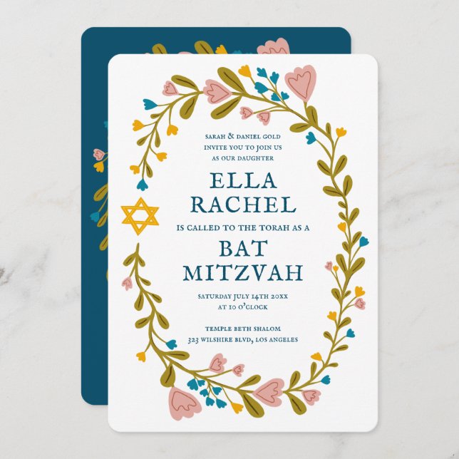 Convite Floral Wreath Bat Mitzvah Código QR personalizado  (Frente/Verso)
