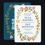Convite Floral Wreath Bat Mitzvah Código QR personalizado<br><div class="desc">Cartão perfeito para anunciar um bar mitzvah, bat mitzvah ou outra celebração judaica! Mão fez arte para você! TOTALMENTE PERSONALIZÁVEL! Clique em "Personalizar" acima para editar o texto e adicionar seu link ao código QR no verso. Clique em "editar usando a ferramenta design" para ajustar as fontes, cores e posicionamentos....</div>