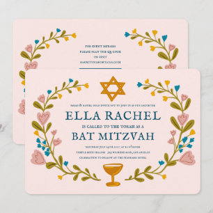 Convite Floral Wreath Bat Mitzvah Código QR personalizado
