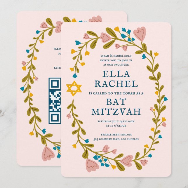 Convite Floral Wreath Bat Mitzvah Código QR personalizado  (Frente/Verso)
